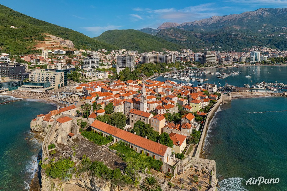 Budva Old Town peninsula jutting into the turquoise Adriatic coast