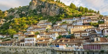 Berat UNESCO old town with traditional Ottoman houses and Gorica Bridge