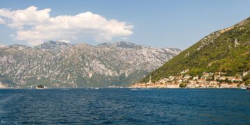 Adriatic Coast, Montenegro — Picturesque view of Kotor Bay with mountains and coastal village in Montenegro.