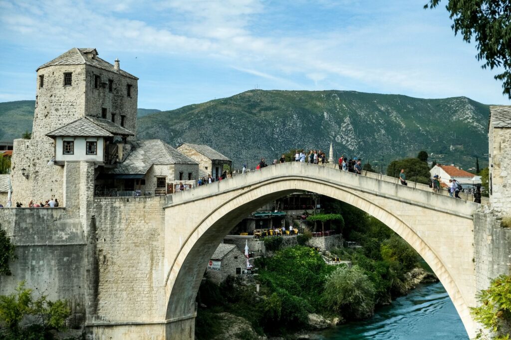 Mostar, Bosnia and Herzegovina — Stari Most, an iconic Ottoman arch bridge in Mostar, Bosnia, over the Neretva River.