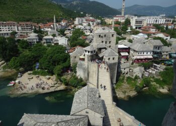 Stari Most and the historic Old Town in Mostar, Bosnia and Herzegovina