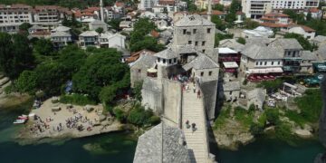 Stari Most and the historic Old Town in Mostar, Bosnia and Herzegovina