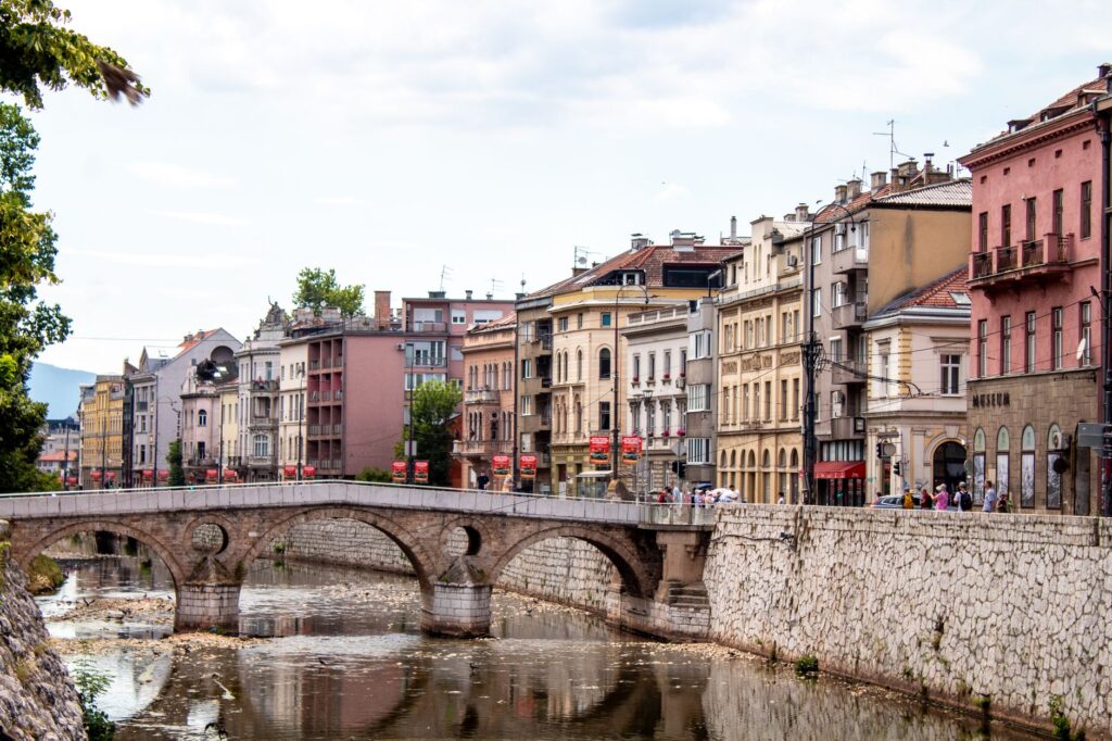 Sarajevo, Bosnia and Herzegovina — Historical view of the Latin Bridge and surrounding architecture in Sarajevo, Bosnia and Herzegovina.
