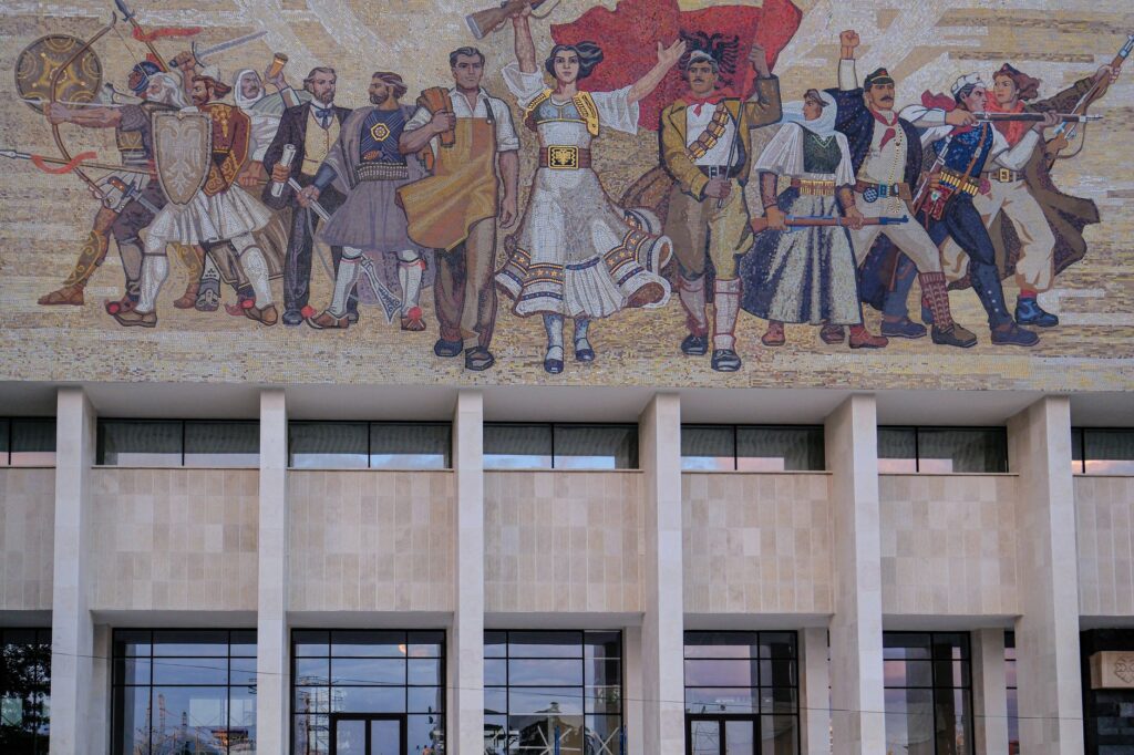 Tirana, Albania — The intricate mosaic facade of the National Historical Museum in Tirana, Albania.