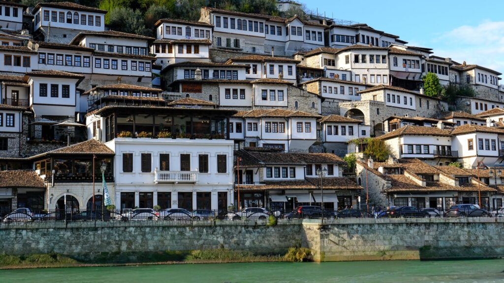 Berat, Albania — Scenic view of historic Ottoman houses in Berat, Albania, reflecting timeless architectural beauty.