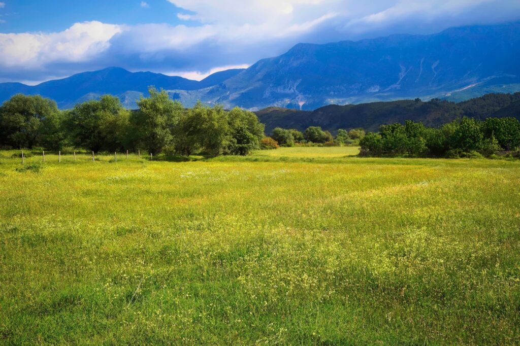 Gjirokastër, Albania — Discover the vibrant spring landscape of Gjirokastër, framed by majestic mountains and a lush green field.