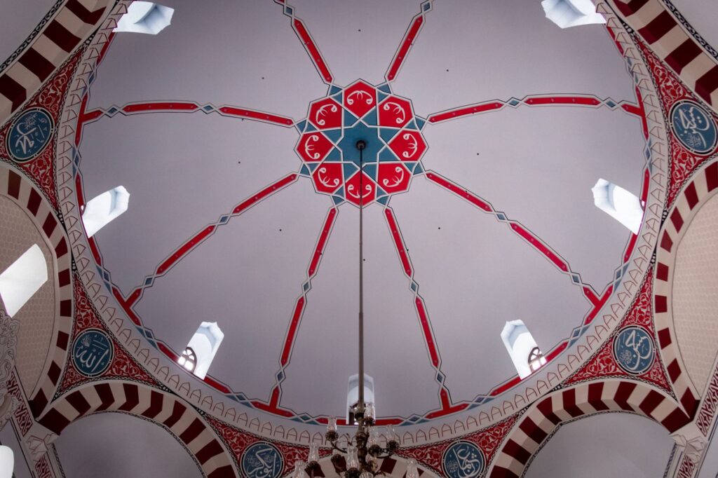 Banja Luka, Bosnia and Herzegovina — Intricate ceiling design of a mosque in Banja Luka, showcasing traditional Islamic art and symmetry.