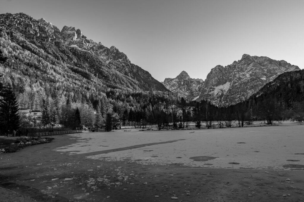 Kranjska Gora, Slovenia — Black and white landscape of snow-capped Julian Alps in Kranjska Gora, Slovenia.